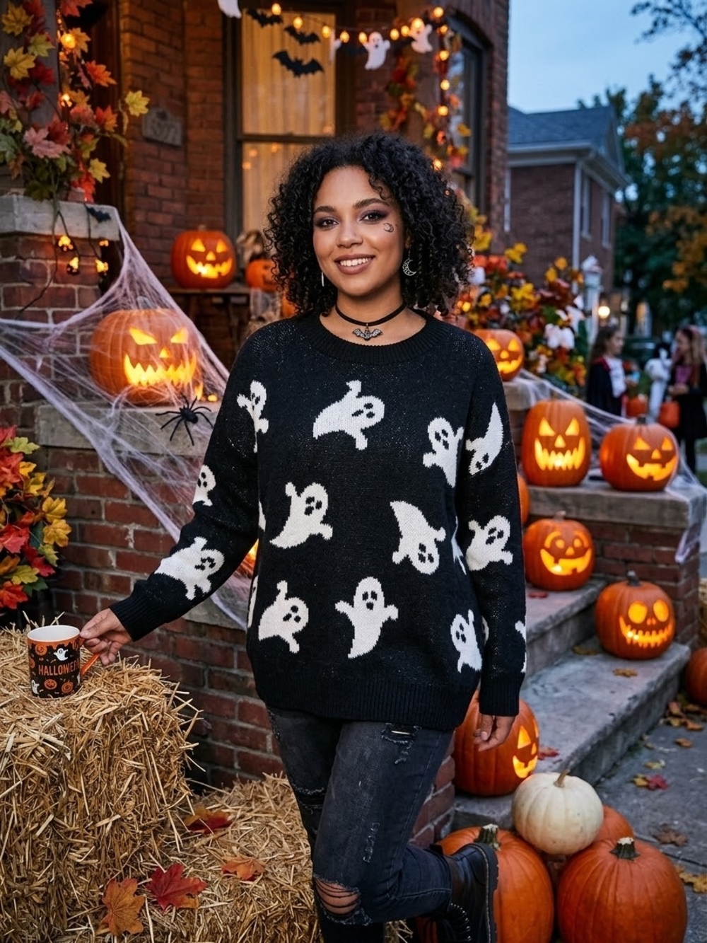 Vince Camuto Black & White Ghost Crewneck Sweater